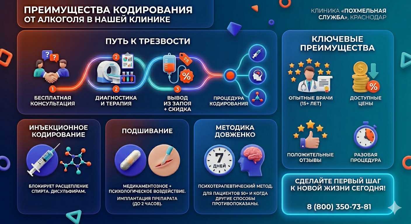 Инфографика о методах кодирования от алкоголя в Кизляре: инъекции, подшивание, метод Довженко. Преимущества клиники и этапы лечения.