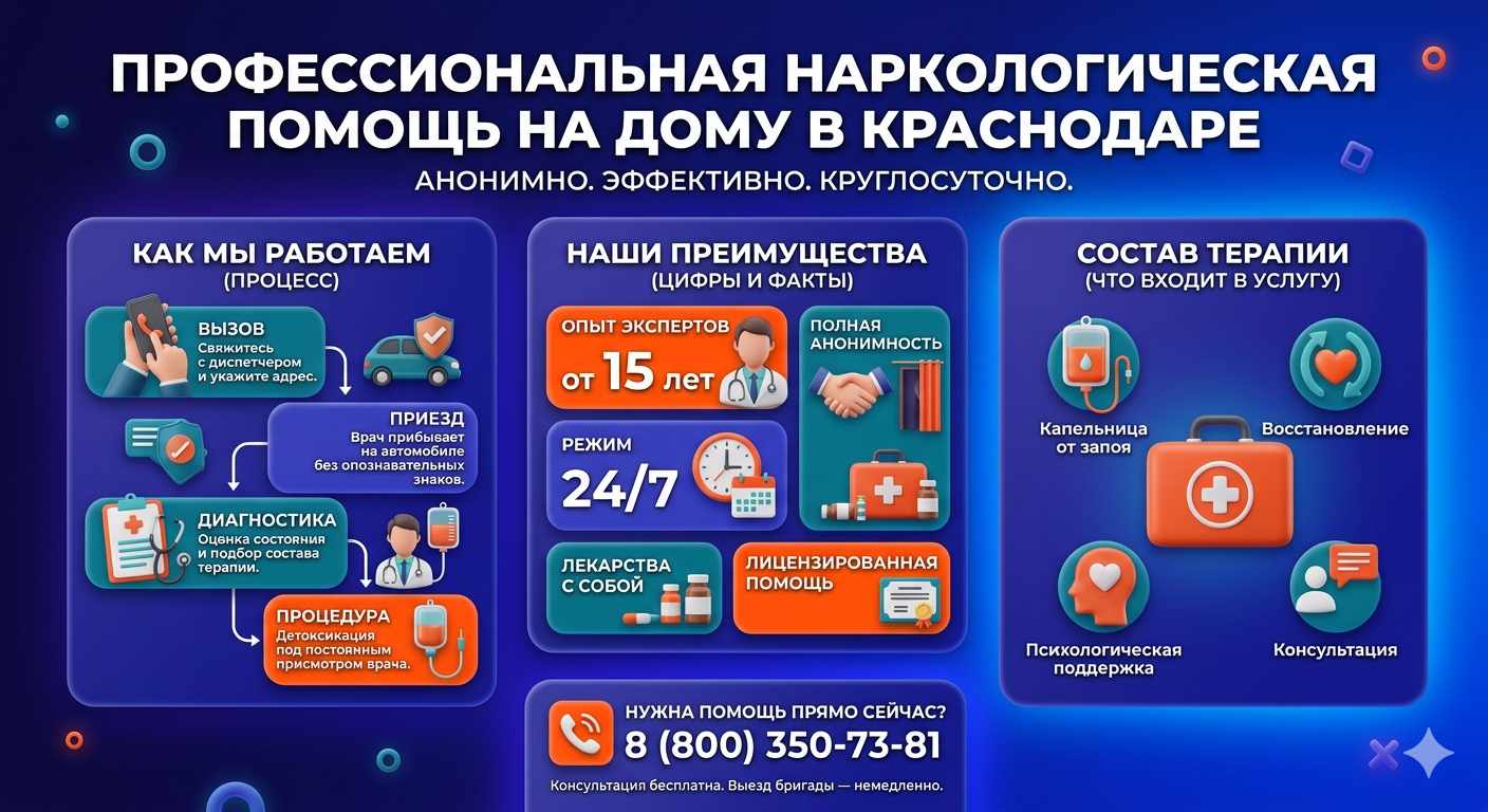 Инфографика о принципах лечения алкоголизма на дому в Кизляре: этапы вызова нарколога, преимущества анонимной детоксикации и состав медицинской помощи.